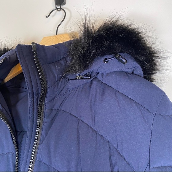 Calvin Klein Long Line Puffer Faux Fur Winter Coat Jacket Navy Size Small NWT - Picture 3 of 11